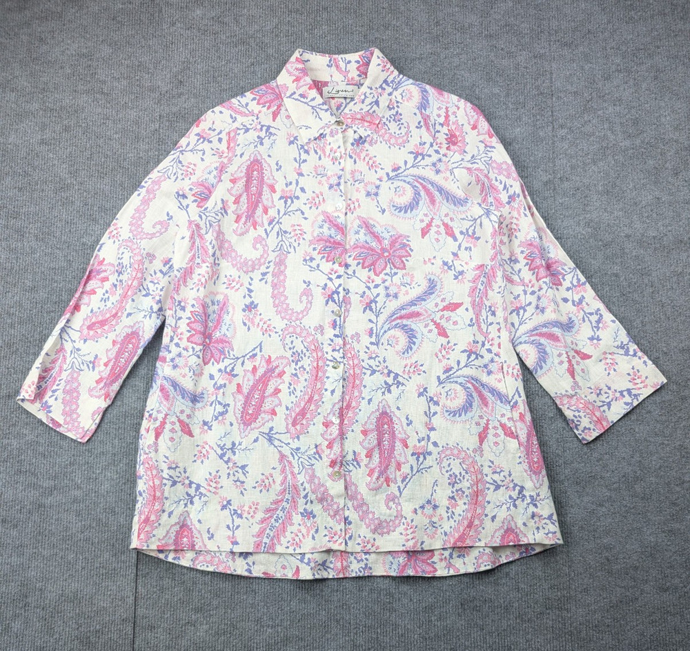 ILinen Button Up Shirt Womens Medium Floral Linen Paisley Pink Coastal Resort